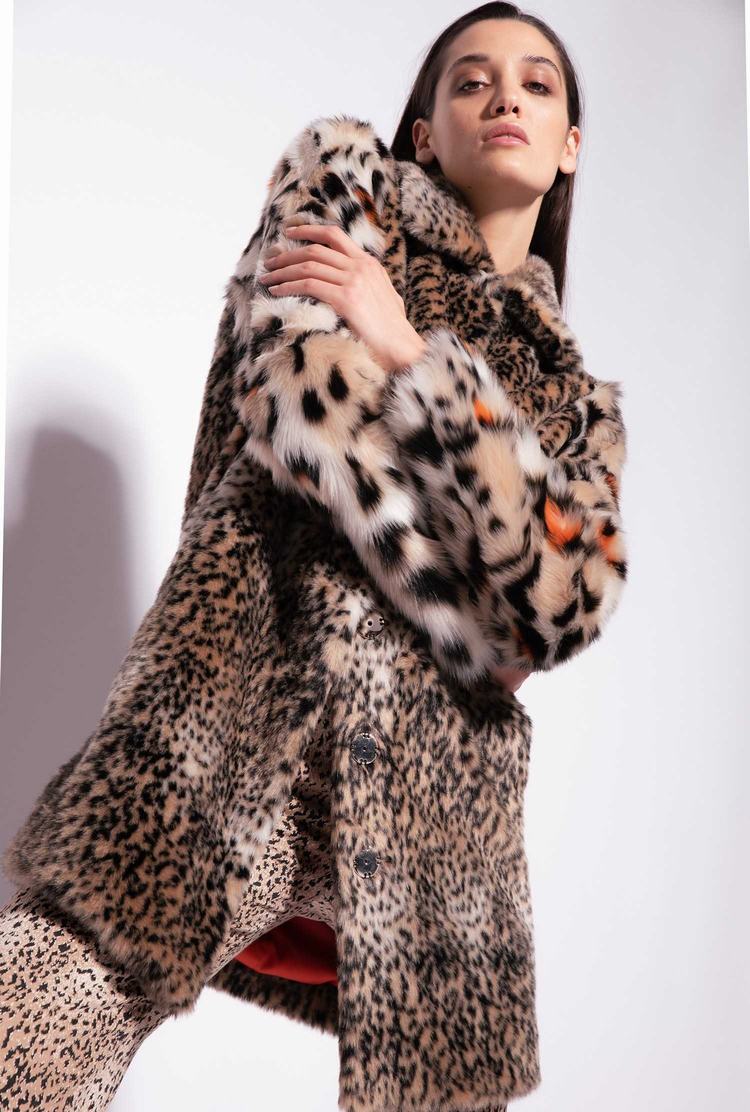 Beige/Black/Orange Women\'s Pinko Animal-print Faux-fur Coats | Ireland-27918059