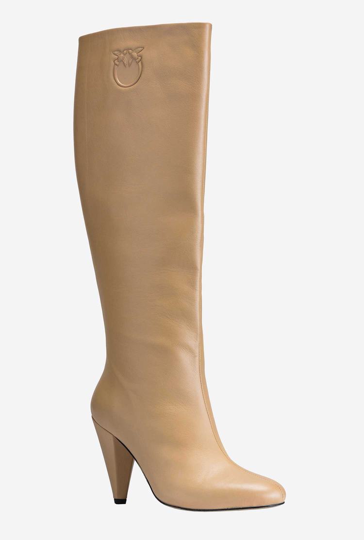 Beige Women's Pinko Heeled Leather Boots | Ireland-23714609