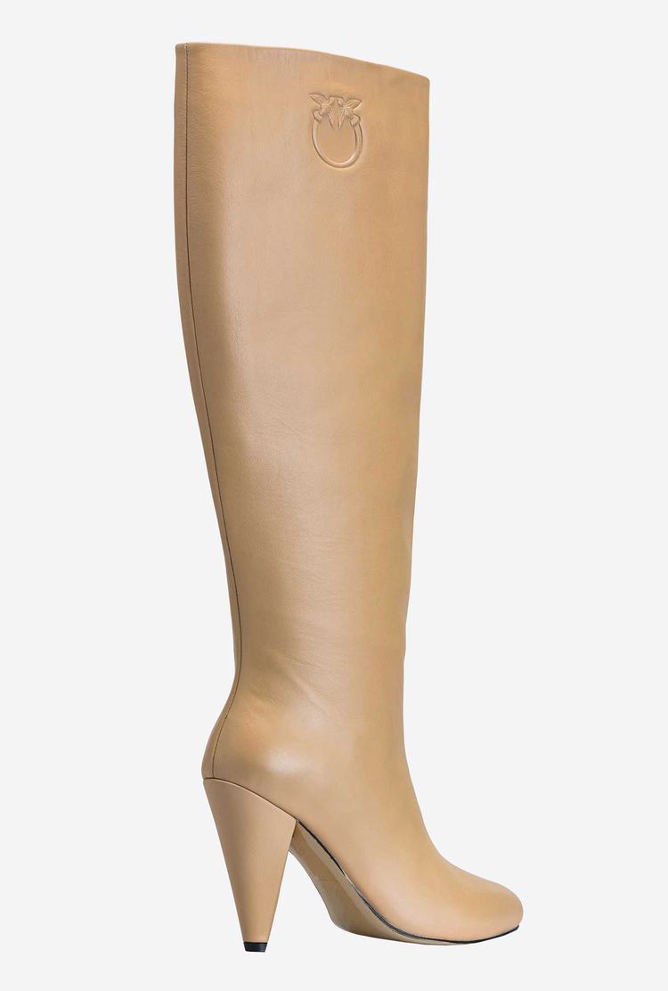 Beige Women's Pinko Heeled Leather Boots | Ireland-23714609