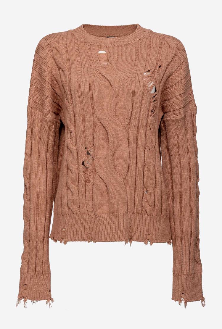 Beige Women's Pinko Used-look Cable-knit Pullover | Ireland-80152379