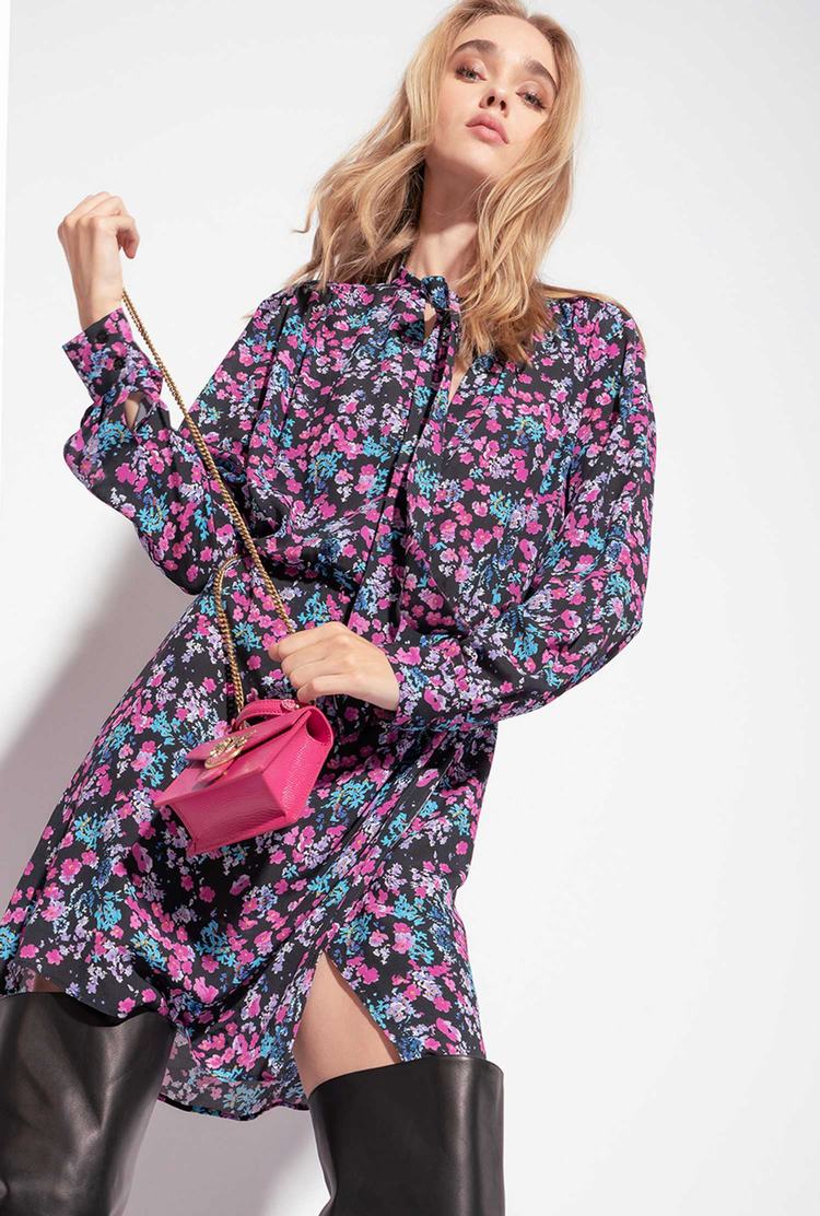 Black/Fuchsia Women's Pinko Micro-floral Dress | Ireland-82036799