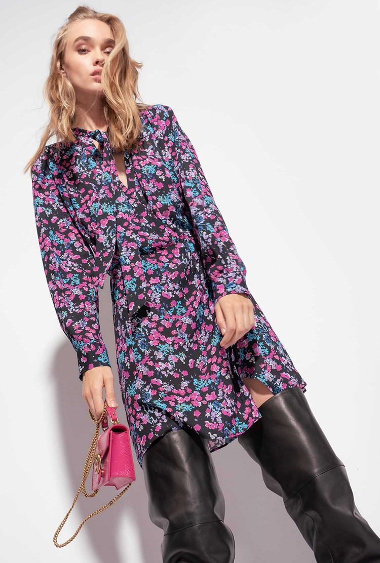 Black/Fuchsia Women's Pinko Micro-floral Dress | Ireland-82036799