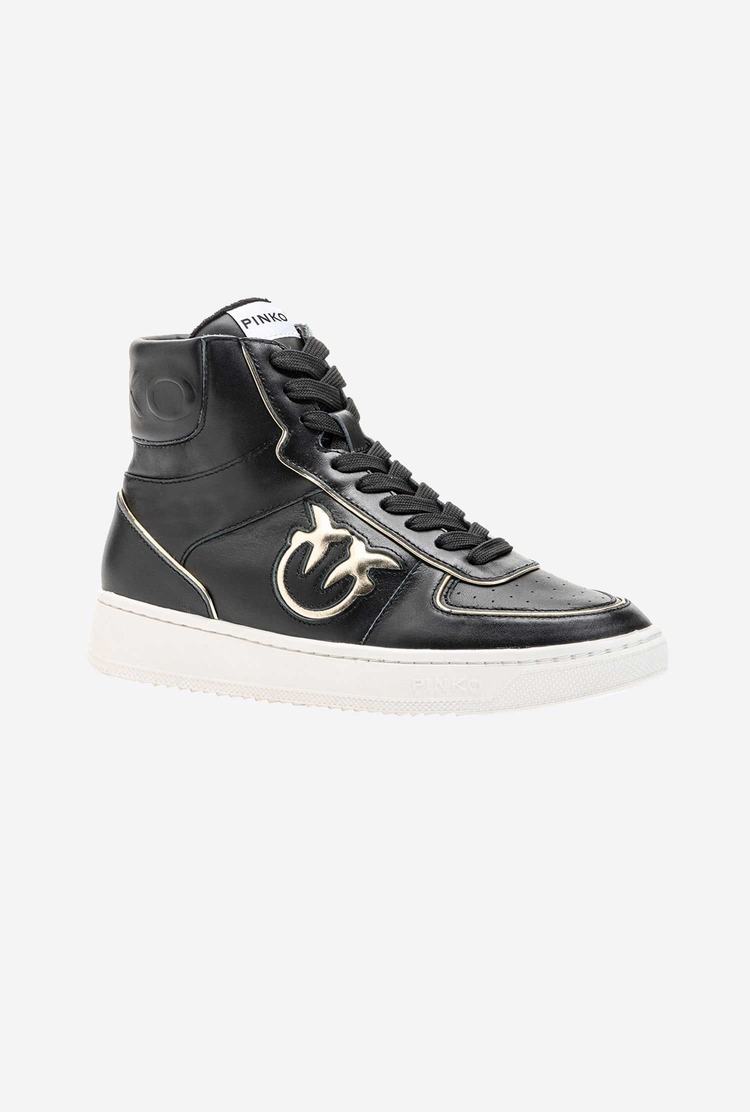 Black/Gold Women's Pinko Leather High-top Sneakers | Ireland-23065479