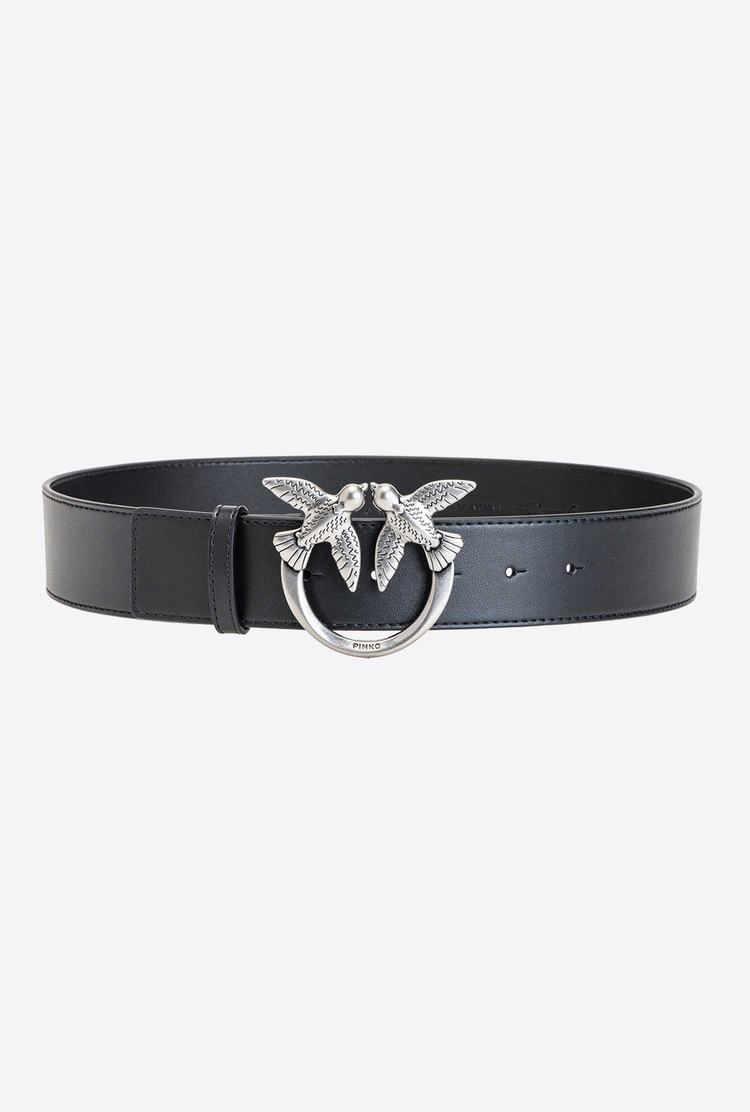 Black Silver Women\'s Pinko Love Birds Leather Belts | Ireland-79138459