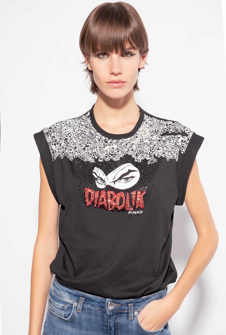 Black Women's Pinko Black Diabolik T Shirts | Ireland-45692719