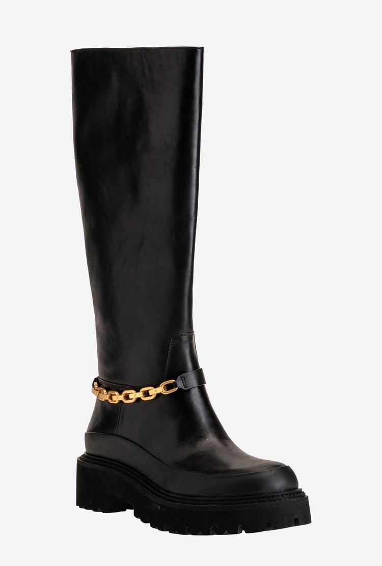 Black Women's Pinko Chain Leather Boots | Ireland-83579409