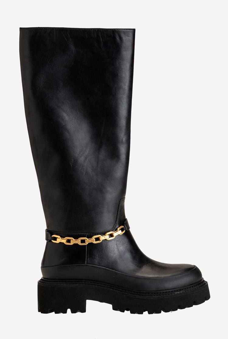 Black Women\'s Pinko Chain Leather Boots | Ireland-83579409