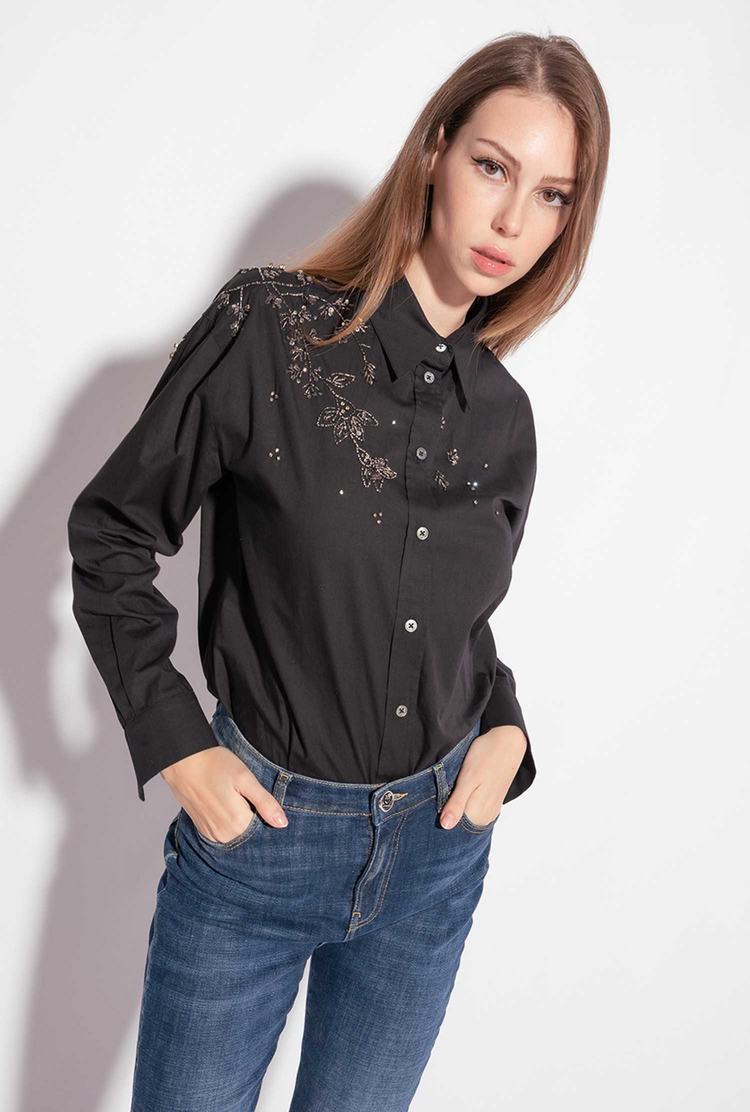 Black Women\'s Pinko Floral Embroidery Shirts | Ireland-64705319