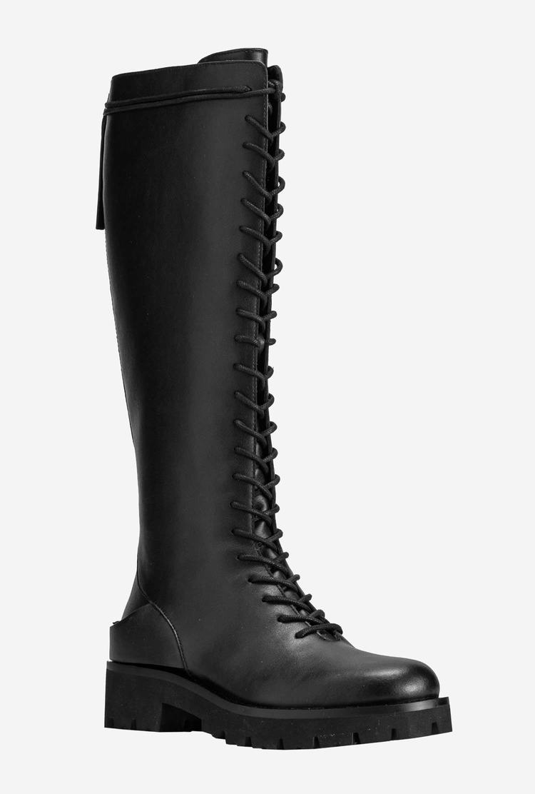 Black Women's Pinko High Leather Combat Boots | Ireland-82937169