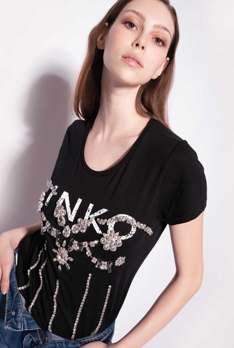 Black Women's Pinko Jewel Detail T Shirts | Ireland-83714659