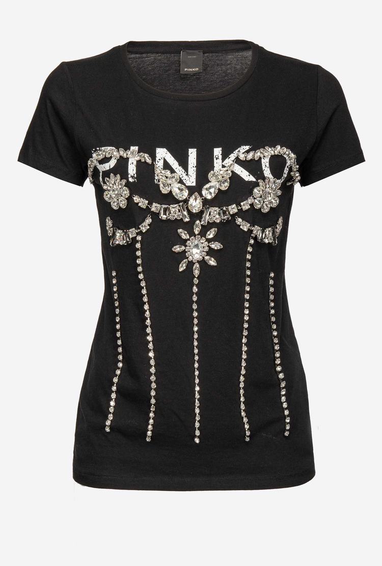 Black Women's Pinko Jewel Detail T Shirts | Ireland-83714659