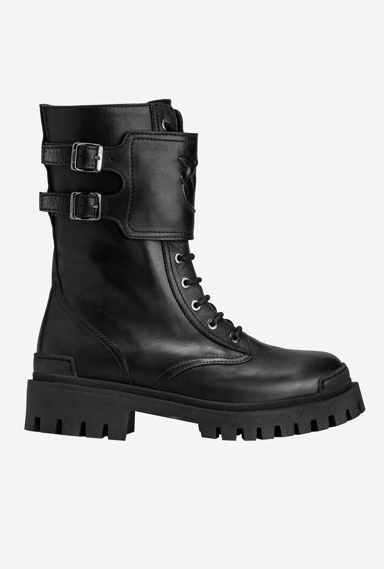 Black Women\'s Pinko Leather Combat Boots | Ireland-67915089