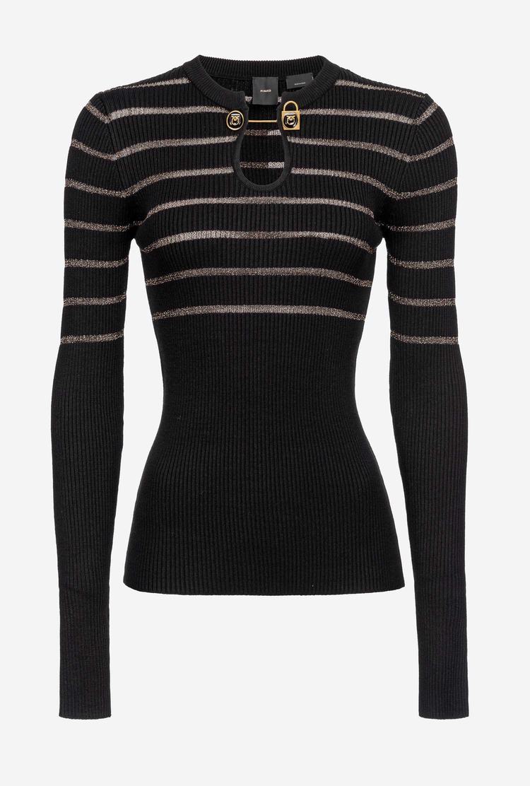 Black Women's Pinko Long-sleeved Lurex Striped Sweaters | Ireland-04753919