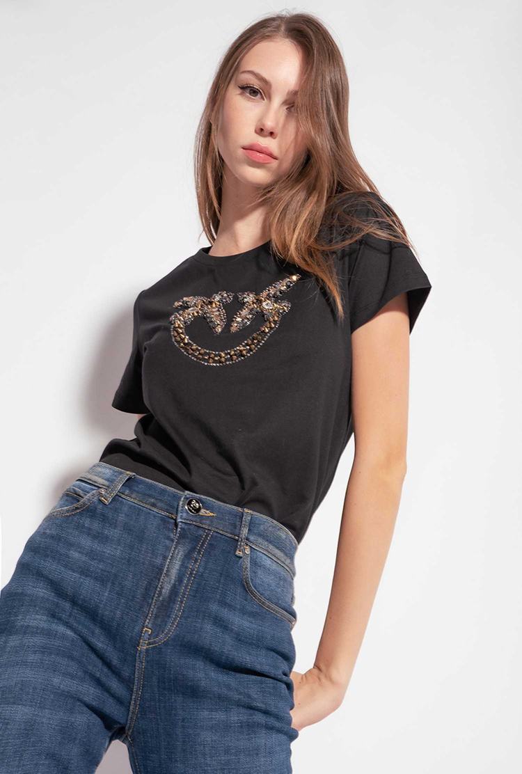 Black Women's Pinko Love Birds Embroidery T Shirts | Ireland-82704369