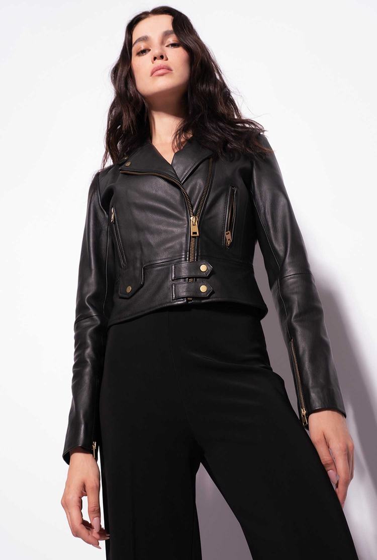 Black Women\'s Pinko Nappa Leather Biker Jacket | Ireland-48716059