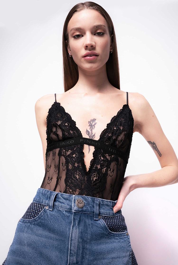 Black Women\'s Pinko Scoop-neck Lace Bodysuit | Ireland-34951879