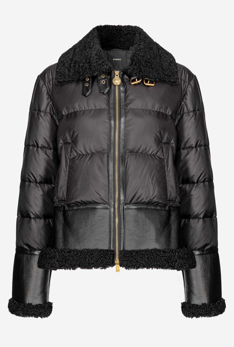 Black Women's Pinko Sheepskin-effect Faux Fur Detailing Down Jackets | Ireland-45680919