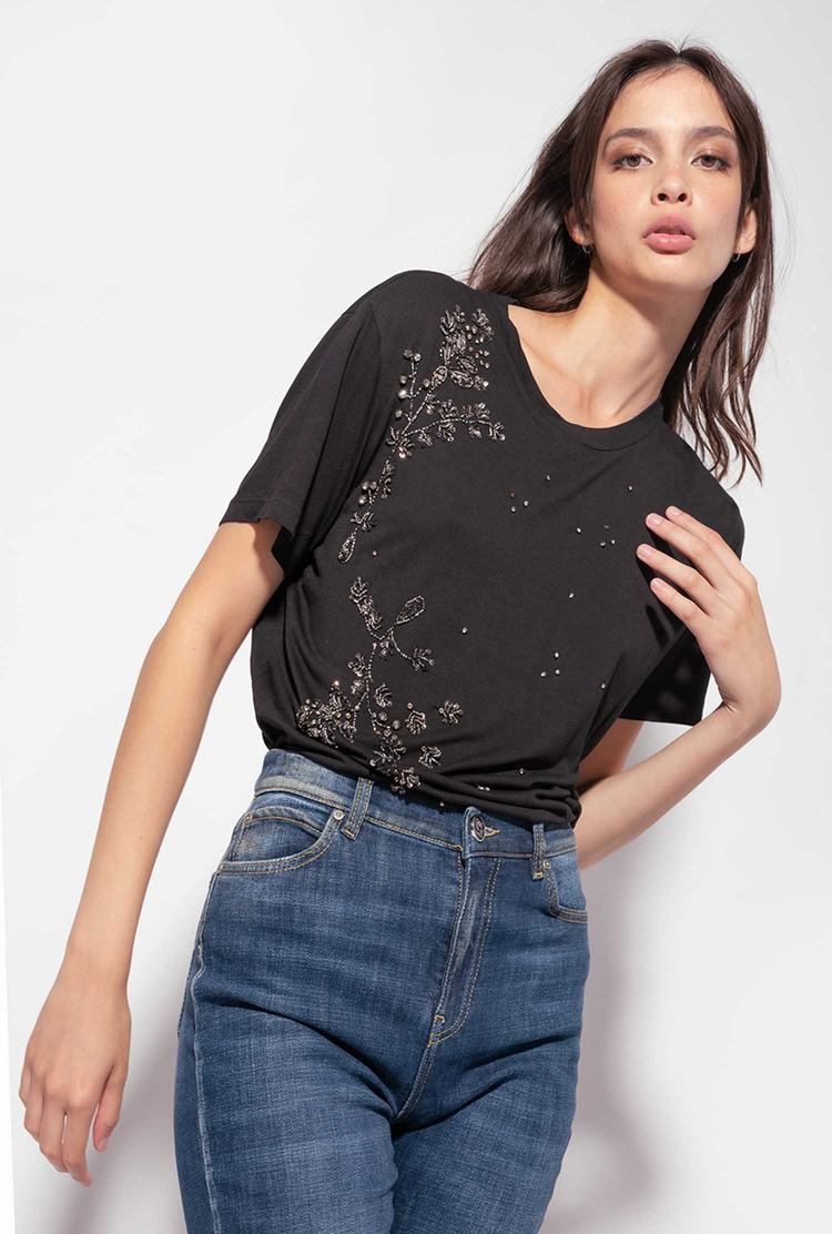 Black Women's Pinko Shiny Floral Embroidery T Shirts | Ireland-94386519