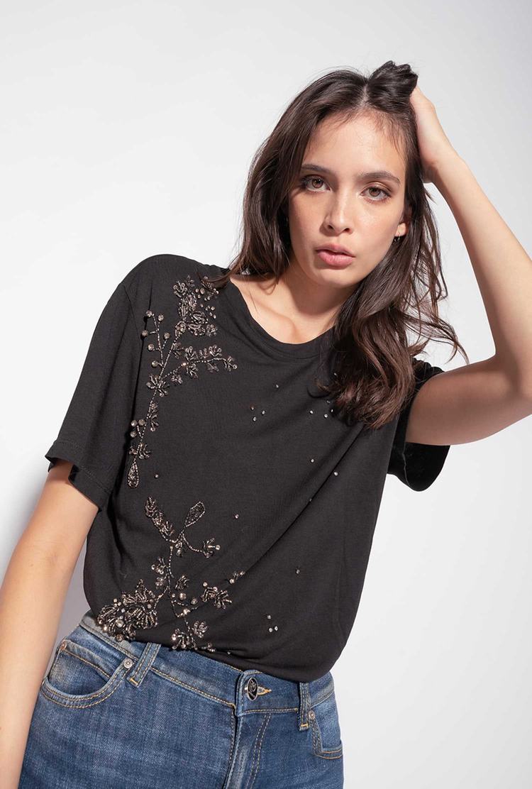 Black Women's Pinko Shiny Floral Embroidery T Shirts | Ireland-94386519