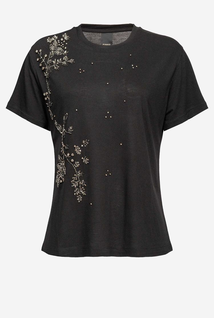 Black Women's Pinko Shiny Floral Embroidery T Shirts | Ireland-94386519