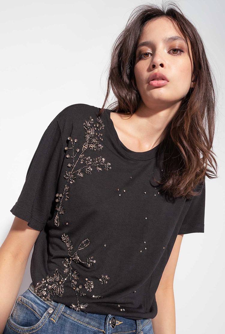 Black Women\'s Pinko Shiny Floral Embroidery T Shirts | Ireland-94386519