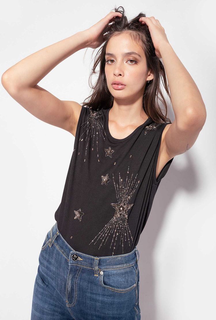 Black Women's Pinko Shiny Star Embroidery Tanks | Ireland-37218609