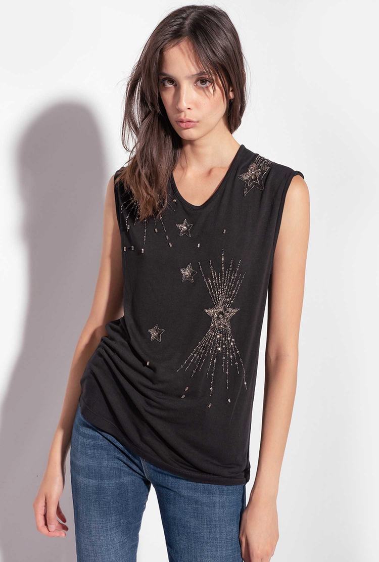 Black Women's Pinko Shiny Star Embroidery Tanks | Ireland-37218609