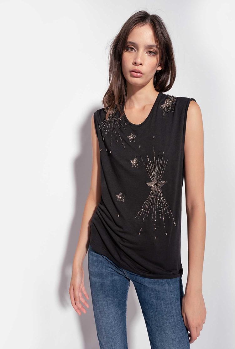 Black Women's Pinko Shiny Star Embroidery Tanks | Ireland-37218609