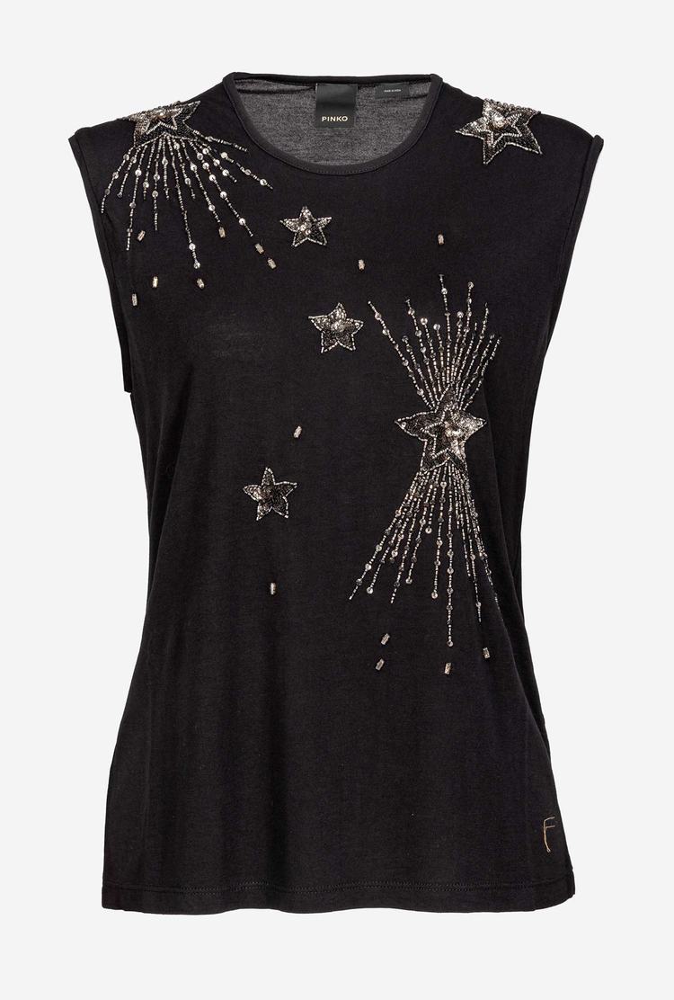 Black Women's Pinko Shiny Star Embroidery Tanks | Ireland-37218609