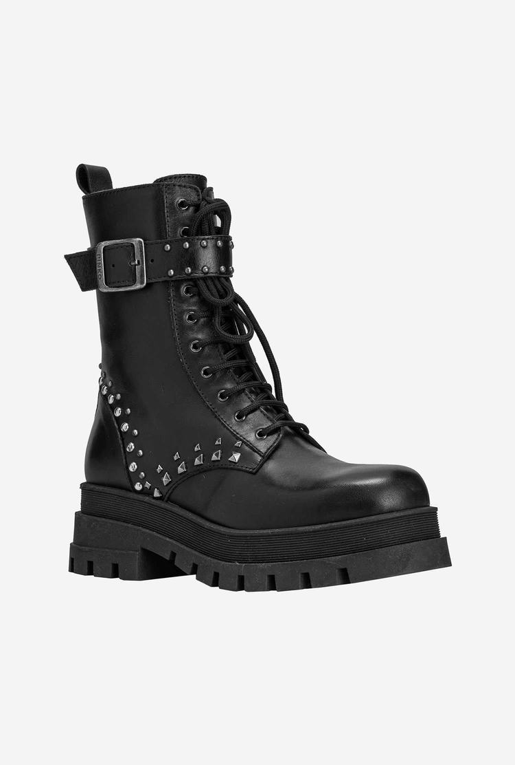 Black Women's Pinko Strap And Studs Combat Boots | Ireland-49521639