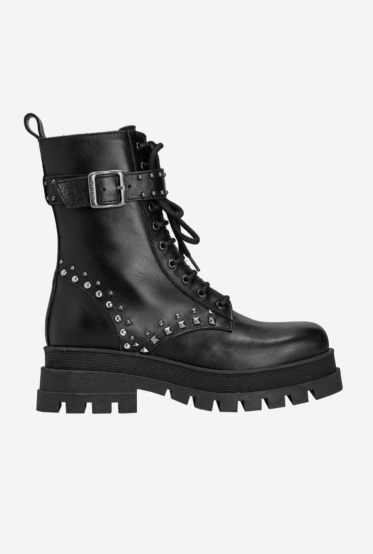 Black Women\'s Pinko Strap And Studs Combat Boots | Ireland-49521639