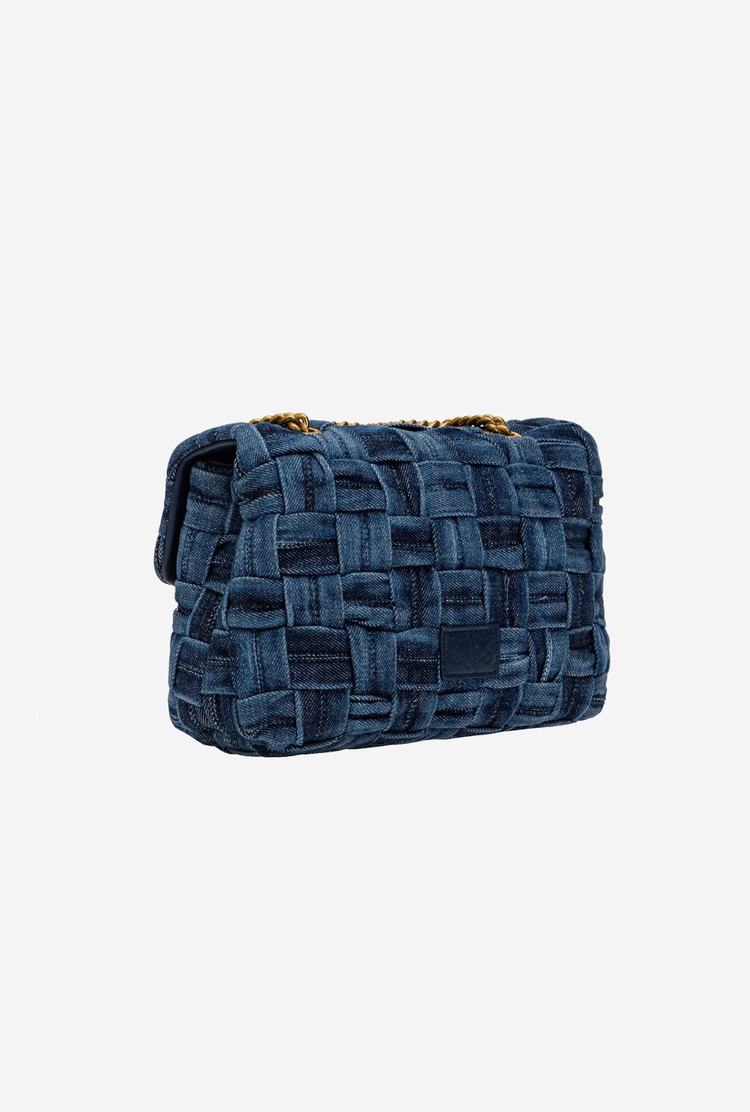 Blue Navy Gold Women's Pinko Mini Love Bag Puff Woven Denim Crossbody Bags | Ireland-67183409