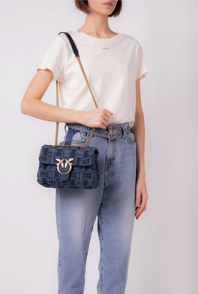 Blue Navy Gold Women's Pinko Mini Love Bag Puff Woven Denim Crossbody Bags | Ireland-67183409