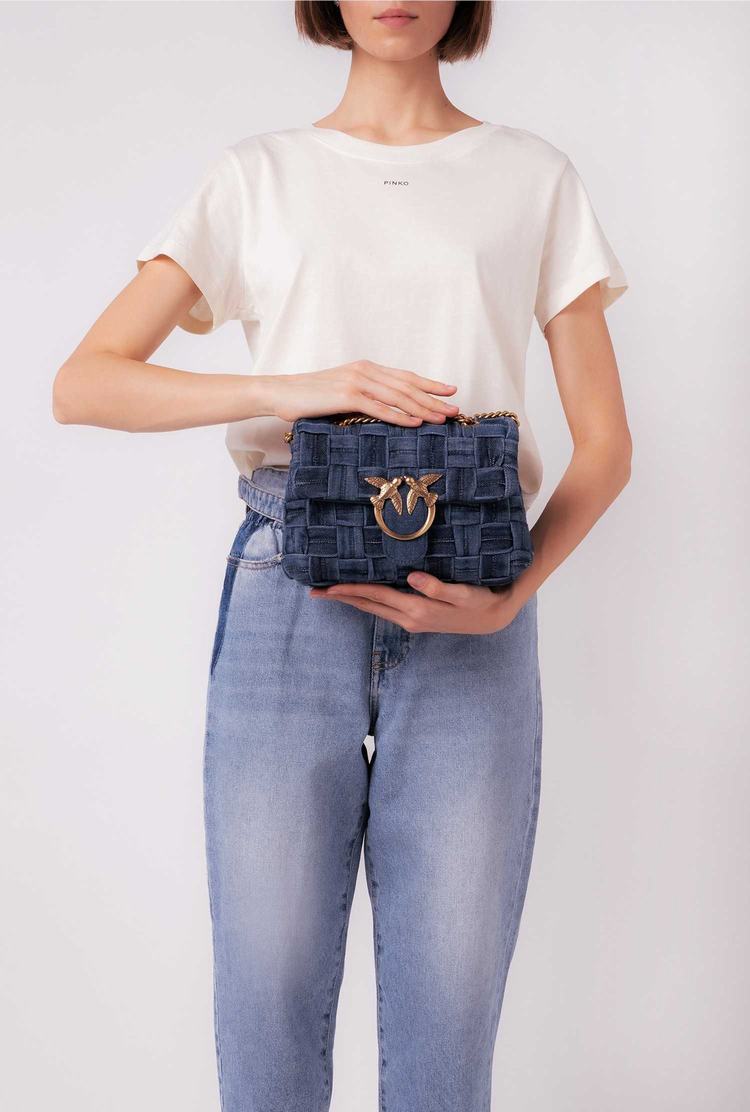 Blue Navy Gold Women's Pinko Mini Love Bag Puff Woven Denim Crossbody Bags | Ireland-67183409