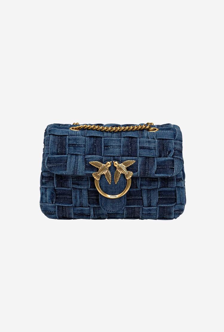 Blue Navy Gold Women\'s Pinko Mini Love Bag Puff Woven Denim Crossbody Bags | Ireland-67183409