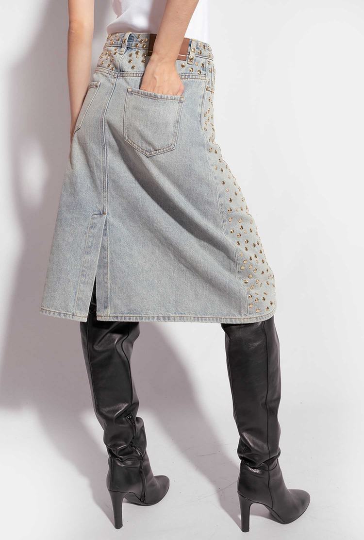 Blue Women's Pinko Studded Denim Skirts | Ireland-78136529