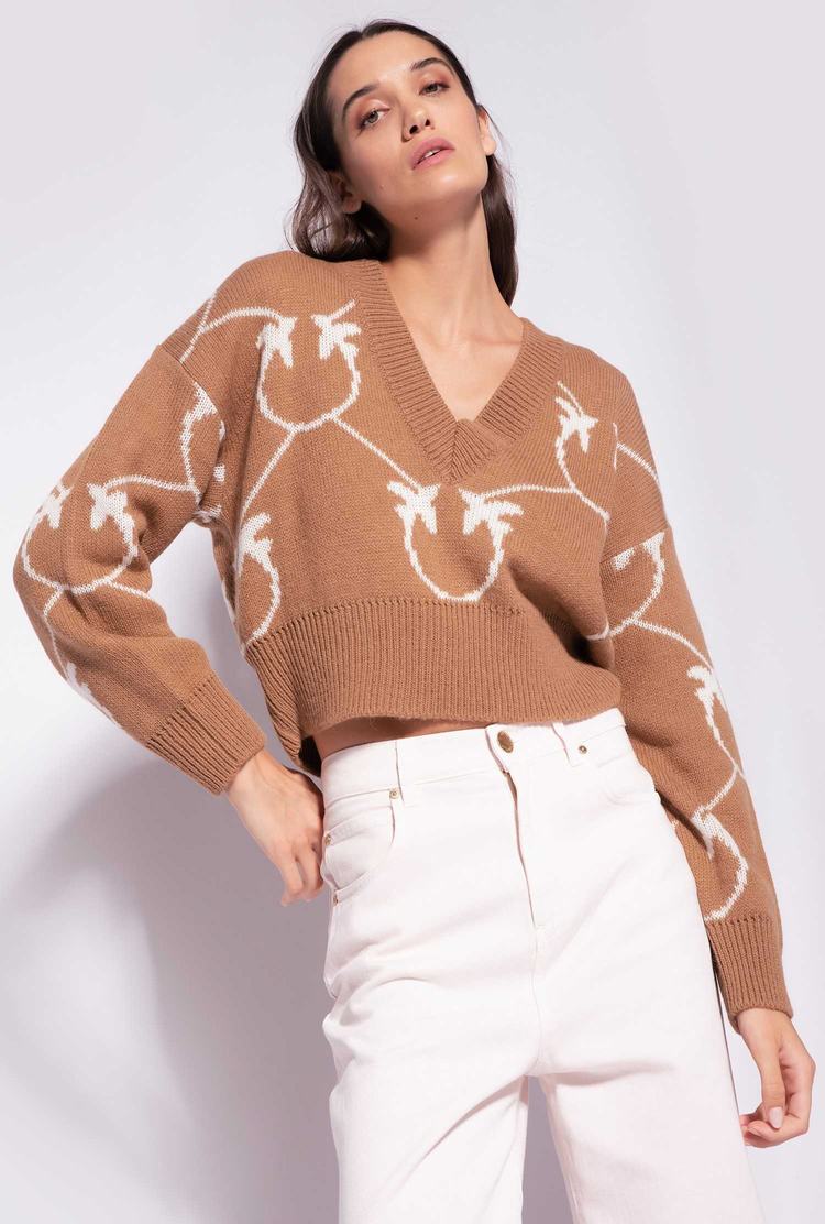 Brown/Beige Women's Pinko Cropped Monogram Jacquard Pullover | Ireland-80974259