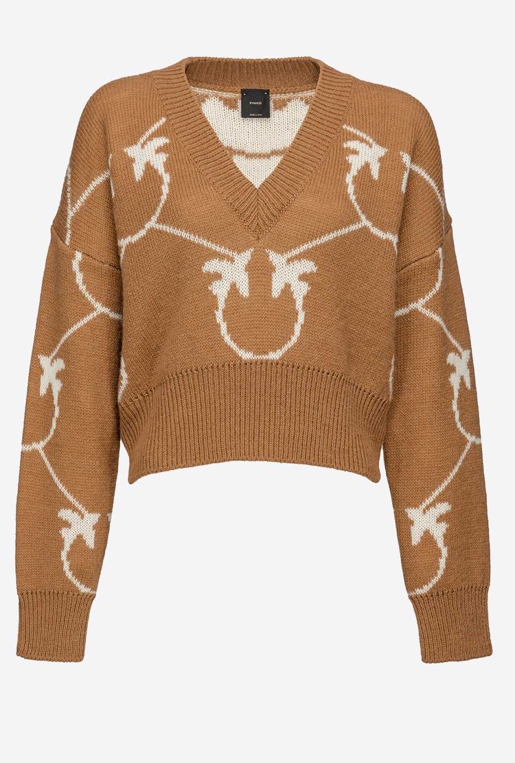 Brown/Beige Women's Pinko Cropped Monogram Jacquard Pullover | Ireland-80974259