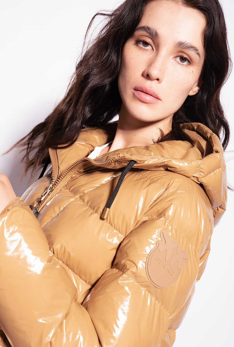 Brown/Gold Women's Pinko Crystal Nylon Jackets | Ireland-50368219