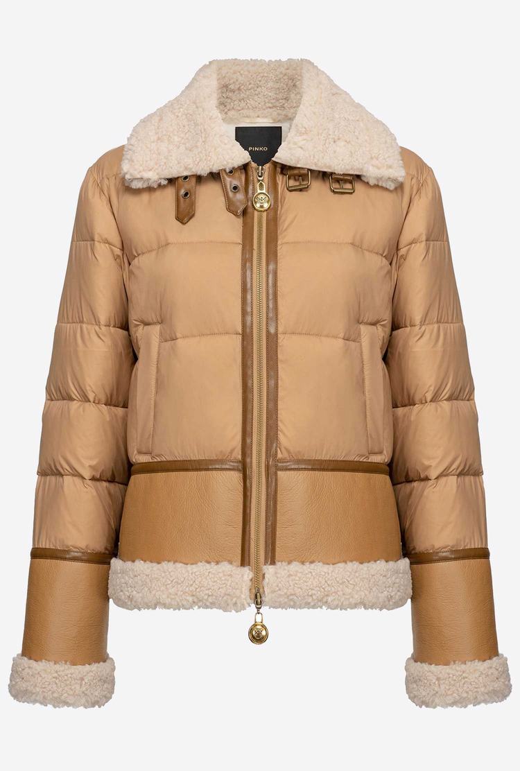 Brown/White Women's Pinko Sheepskin-effect Faux Fur Detailing Down Jackets | Ireland-02745819