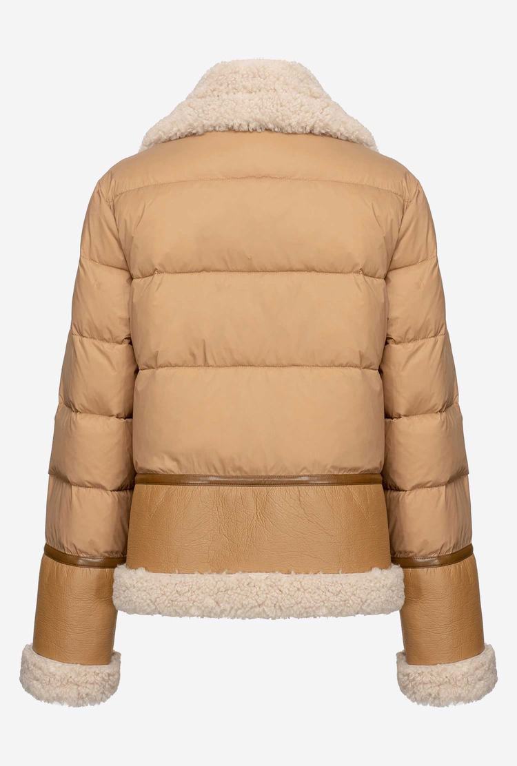 Brown/White Women's Pinko Sheepskin-effect Faux Fur Detailing Down Jackets | Ireland-02745819