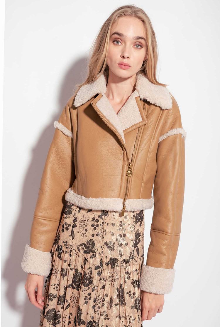 Brown/White Women's Pinko Sheepskin-effect Cropped Jackets | Ireland-91482079