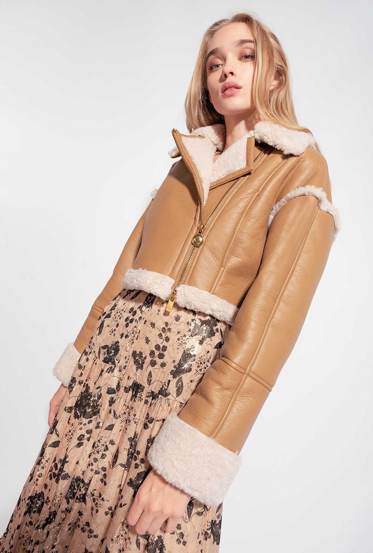 Brown/White Women's Pinko Sheepskin-effect Cropped Jackets | Ireland-91482079