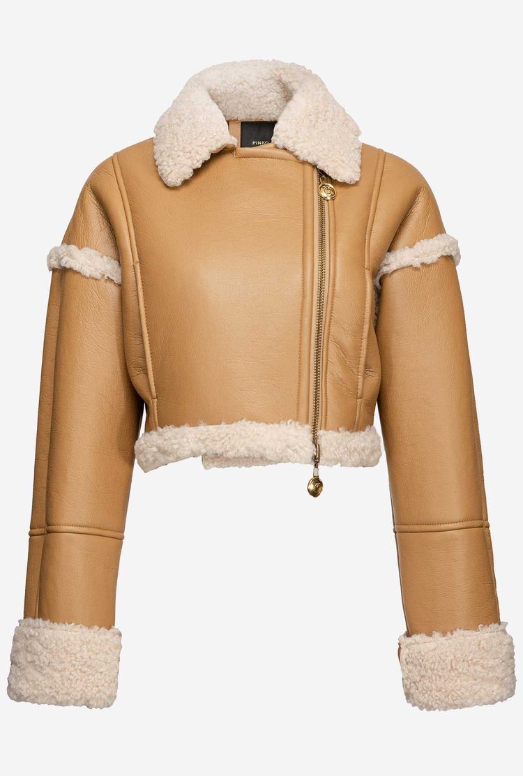 Brown/White Women's Pinko Sheepskin-effect Cropped Jackets | Ireland-91482079