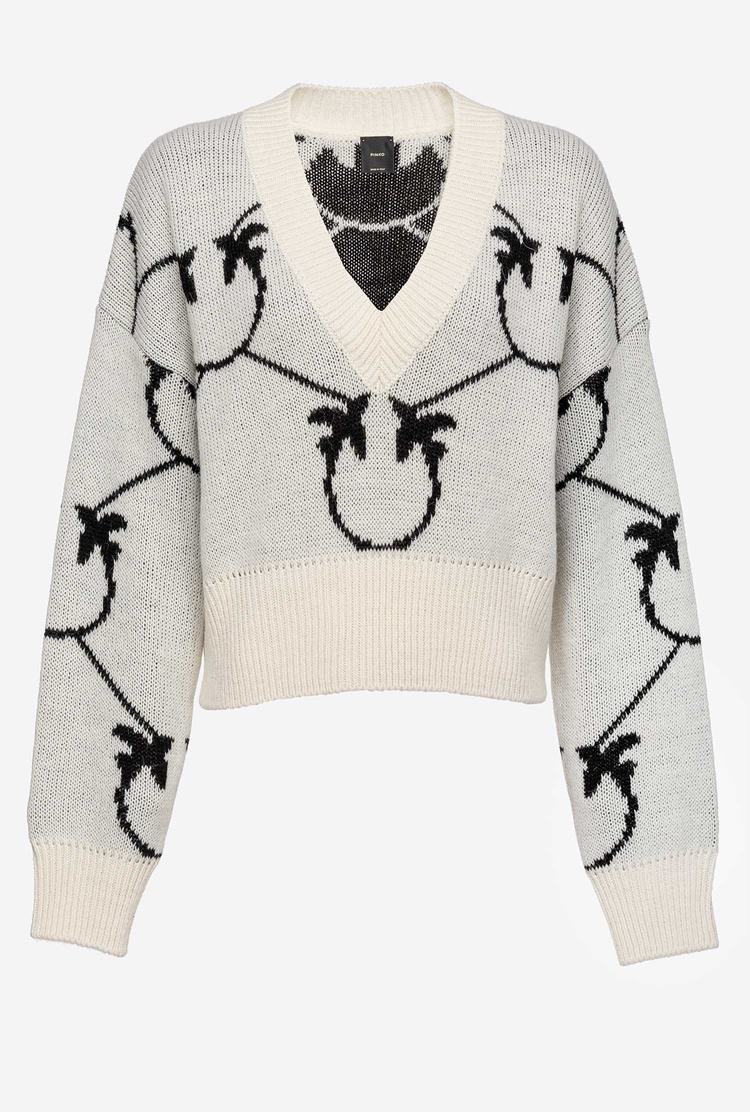 Cream/Black Women's Pinko Cropped Monogram Jacquard Pullover | Ireland-74065319