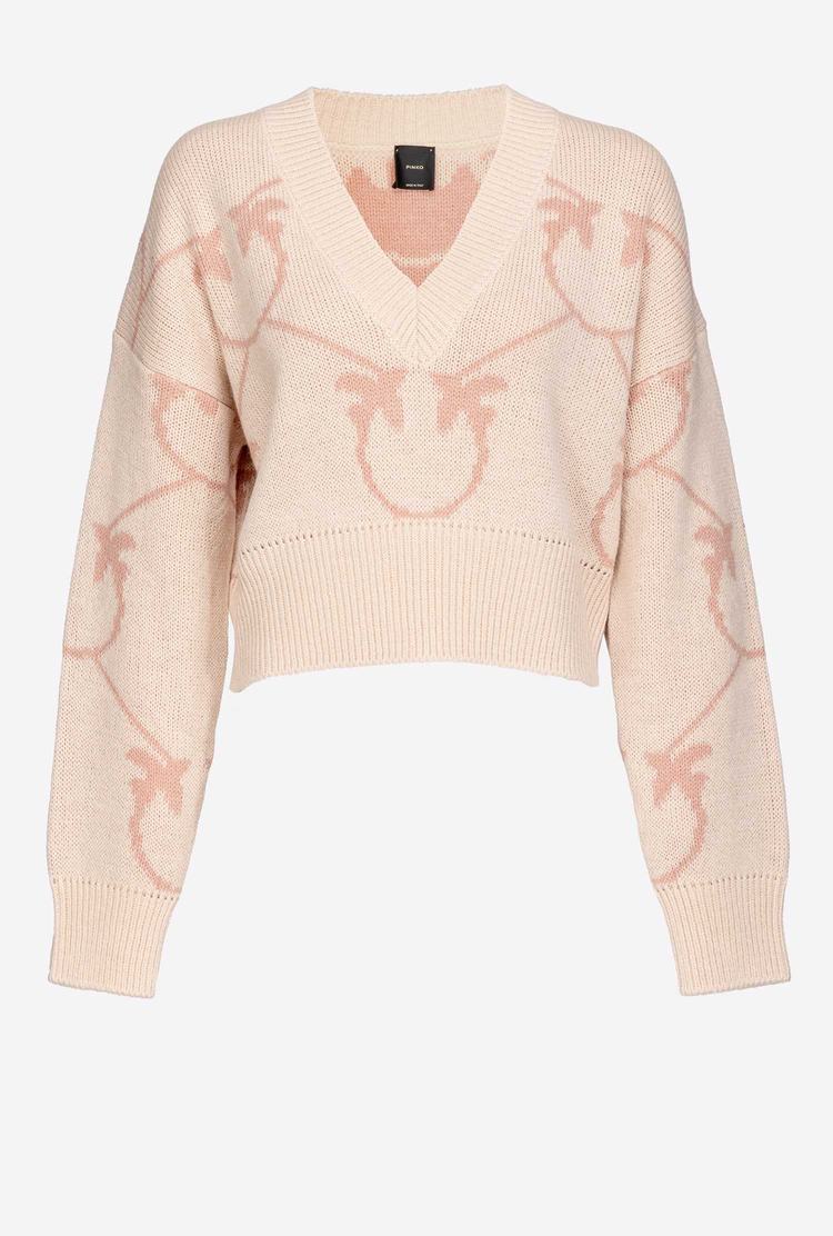 Cream/Pink Women's Pinko Cropped Monogram Jacquard Pullover | Ireland-31079489