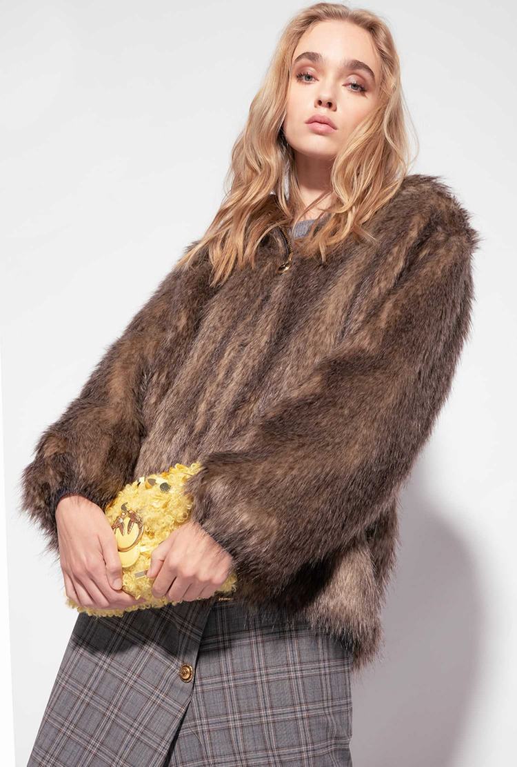 Dark Brown/Beige Women's Pinko Faux Fur Bomber Jackets | Ireland-50864979