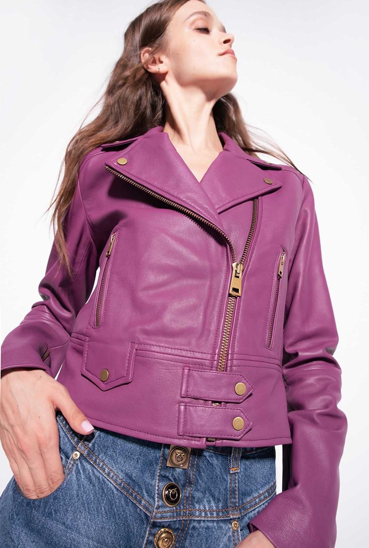 Dark Purple Women's Pinko Nappa Leather Biker Jacket | Ireland-02783569