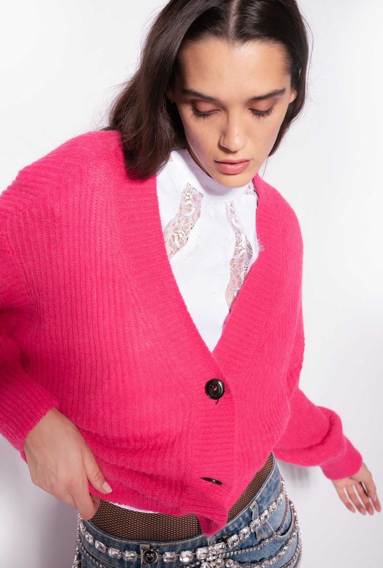 Fluorescent Fuchsia Women's Pinko Cropped Rib-knit Cardigan | Ireland-06193549