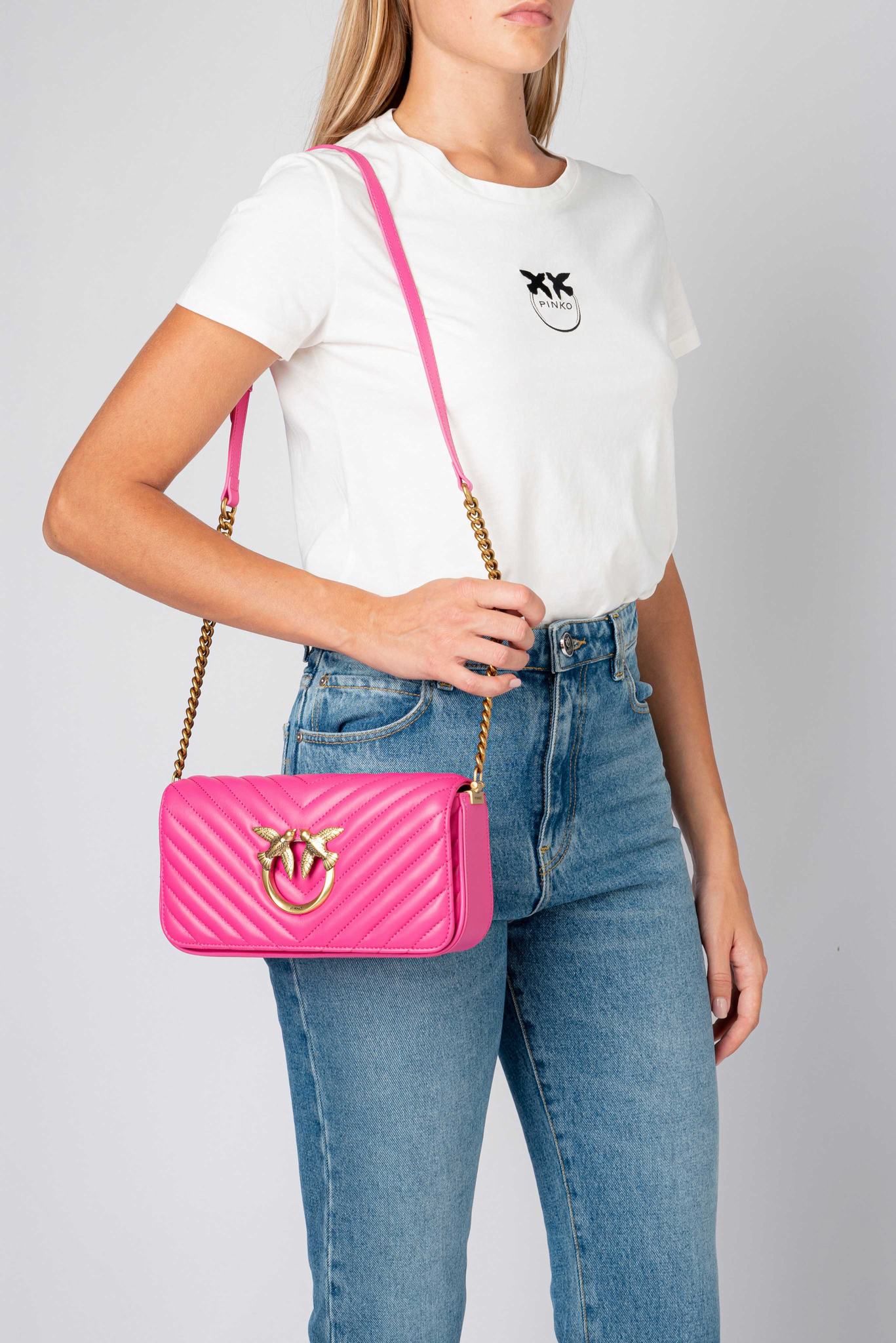 Fuchsia Gold Women's Pinko Mini Love Bag Click Baguette Chevron Shoulder Bags | Ireland-80375169